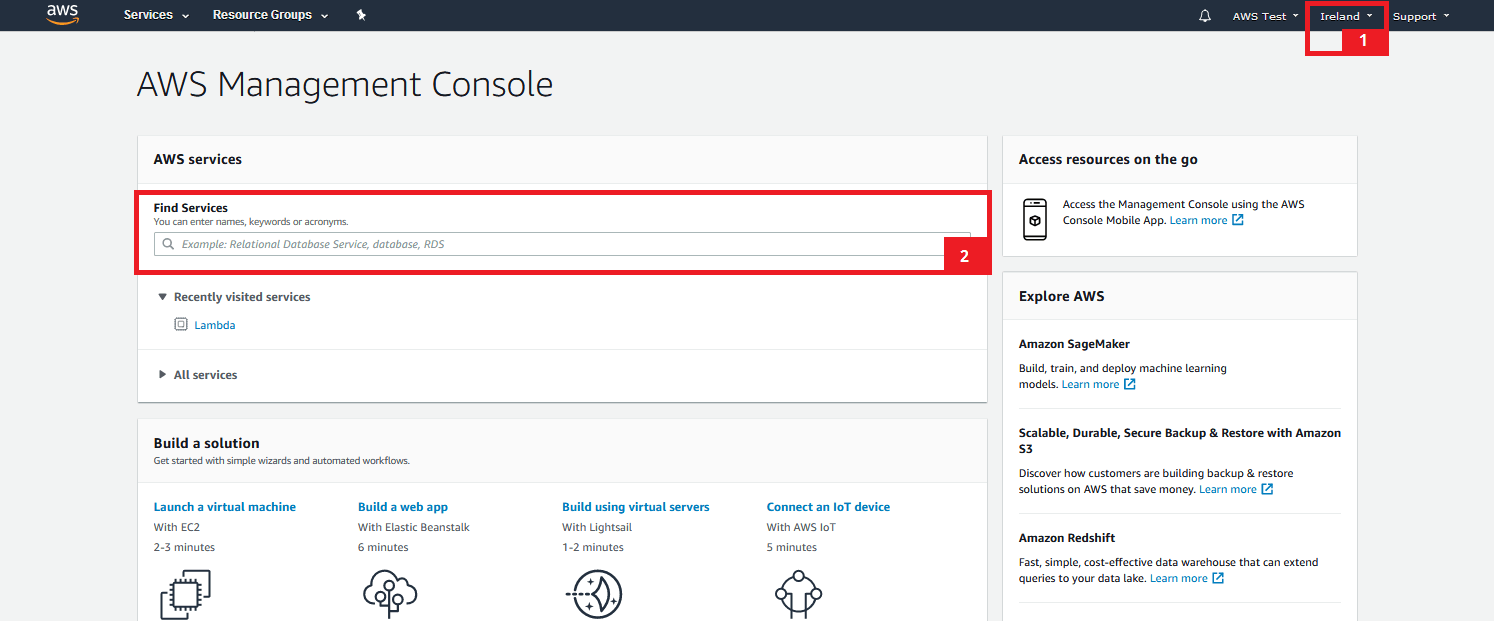 AWS Management Console home page.
