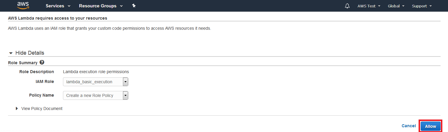 AWS Management Console: configuration mask for the Lambda function’s execution role.
