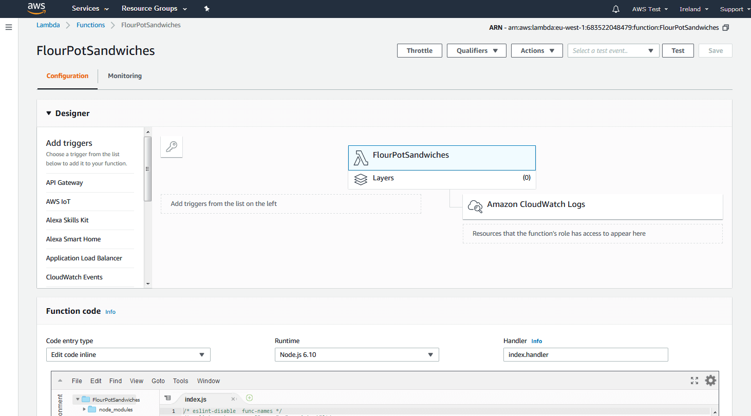 AWS Management Console: configuration overview of the Lambda function