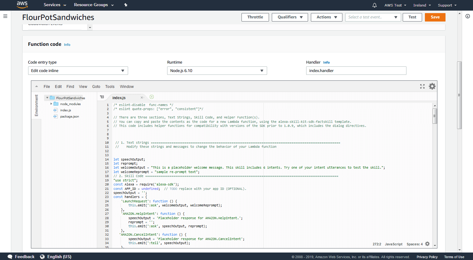 AWS Management Console: Lambda template for the function code