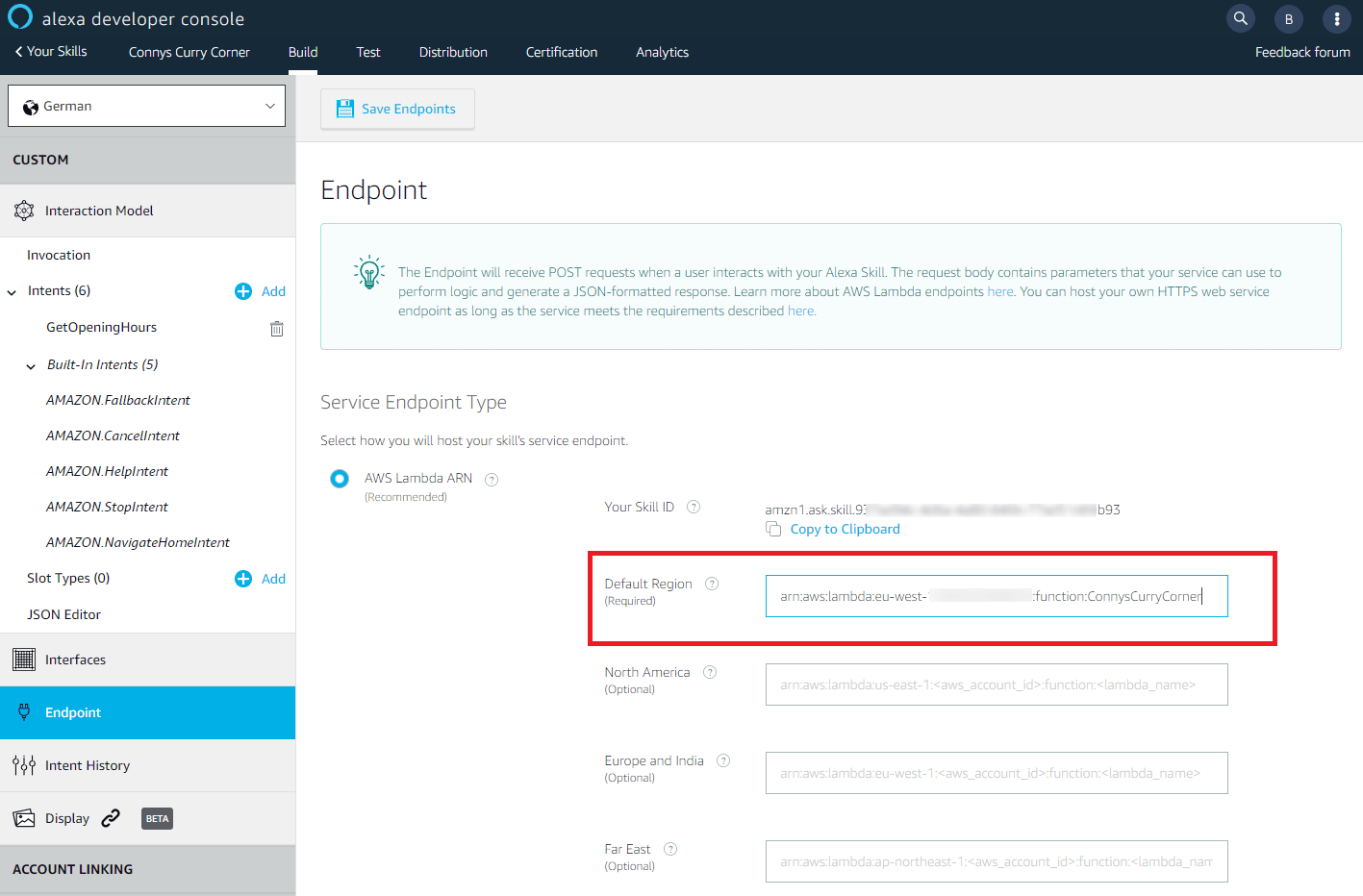 Alexa Developer Console: configuration mask for the web service endpoint.