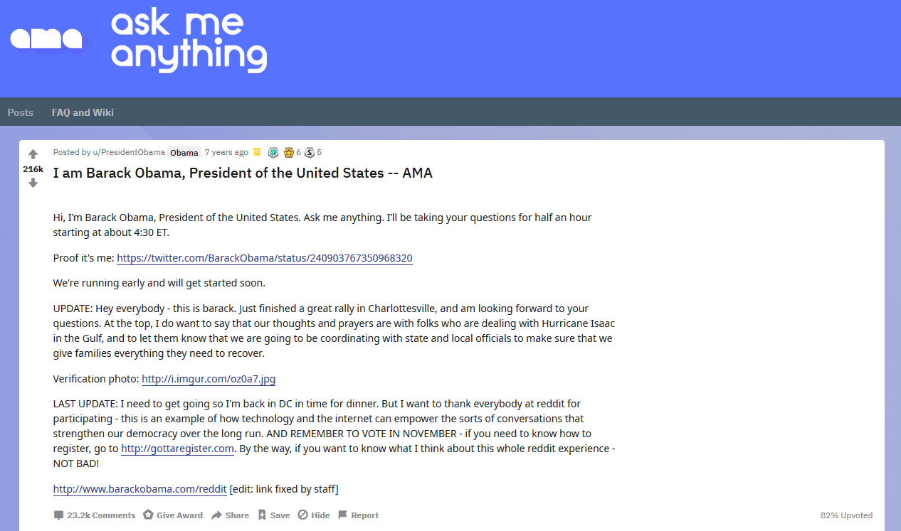 Archived IAmA Interview by Barack Obama from 2012