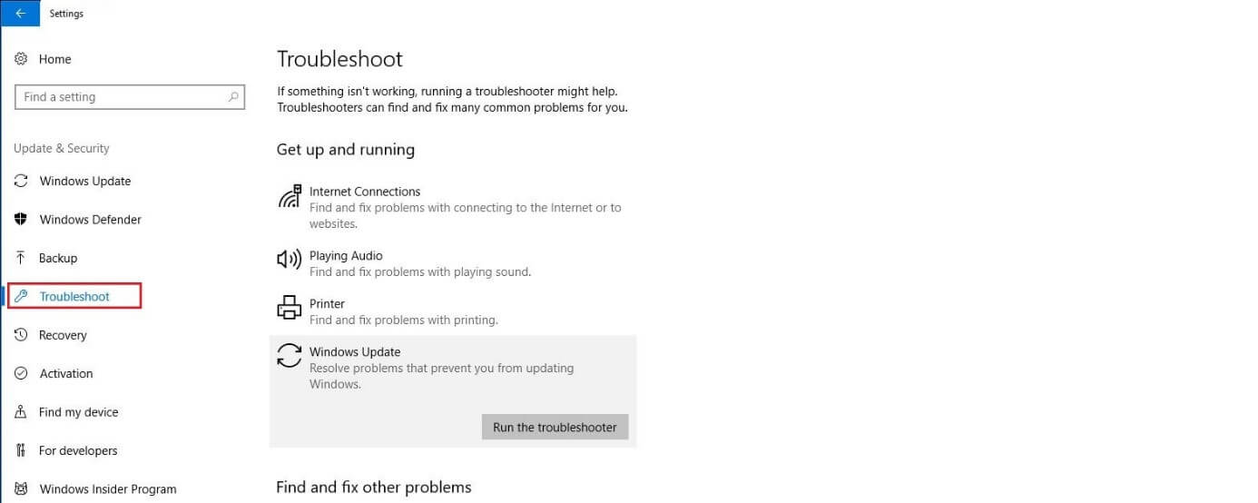 Troubleshooter menu in Windows 10