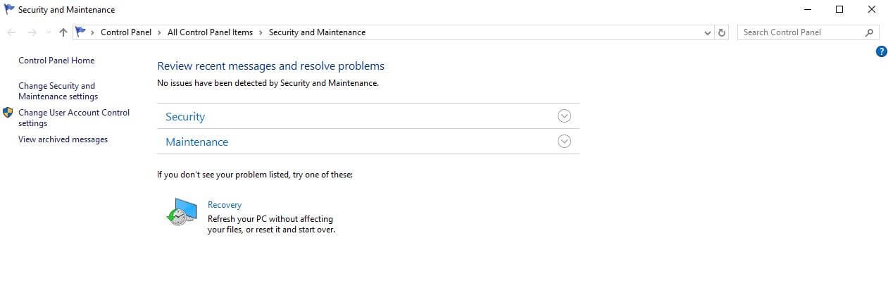 Menu “Security and Maintenance” in Windows 10
