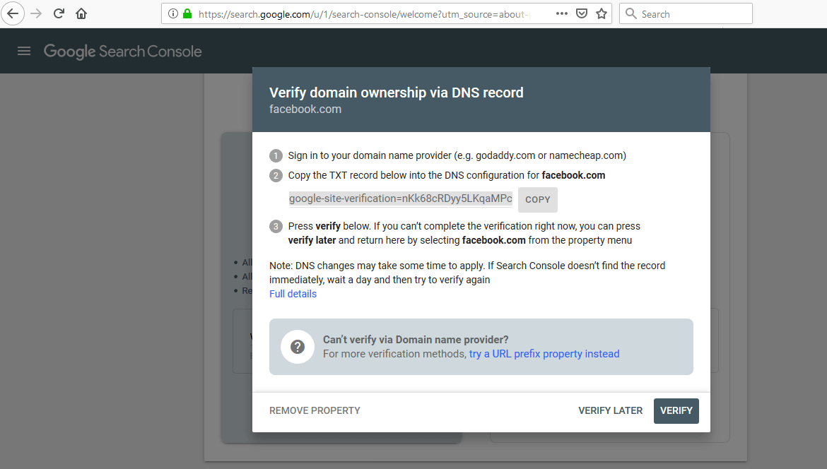 Google Search Console: Dialog window “Confirmation of domain ownership”.