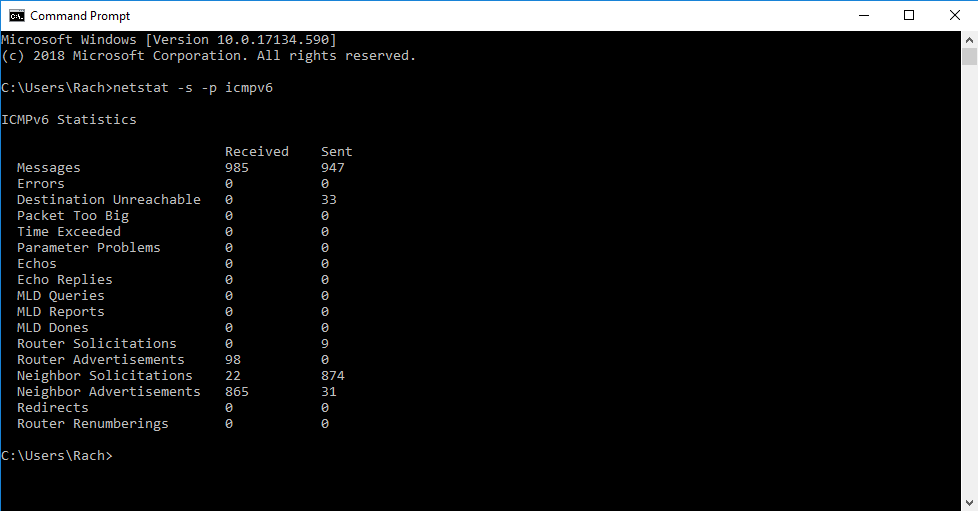 ICMPv6 Statistics in Windows command line