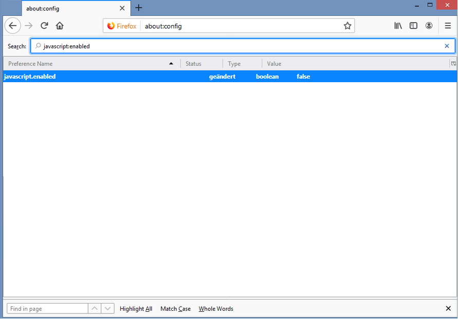 The configuration editor of the web browser Firefox: the setting “javascript.enabled”