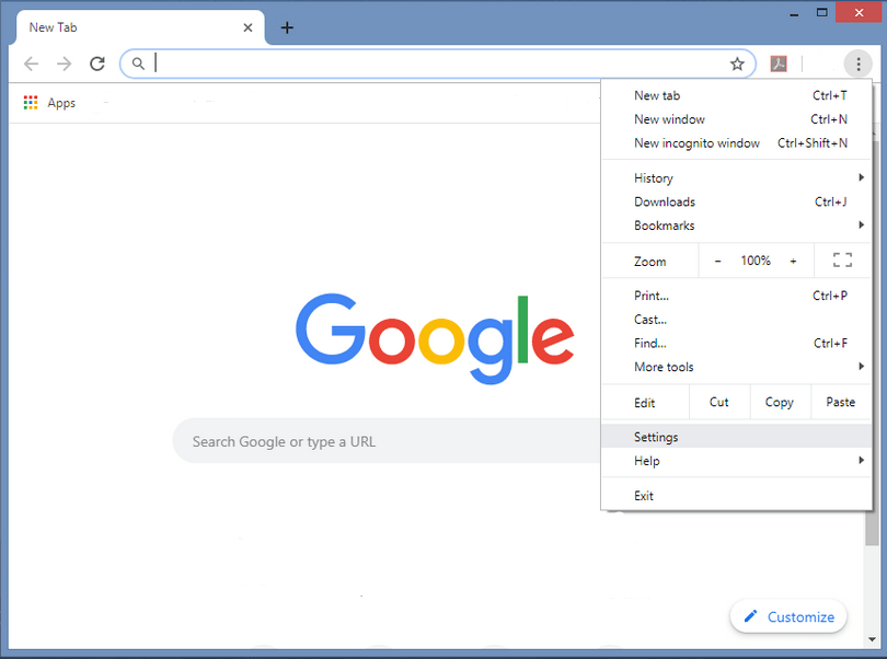 Chrome web browser menu