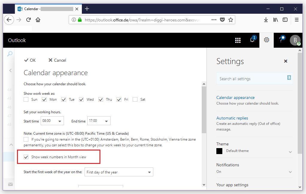 Display calendar week in Outlook IONOS
