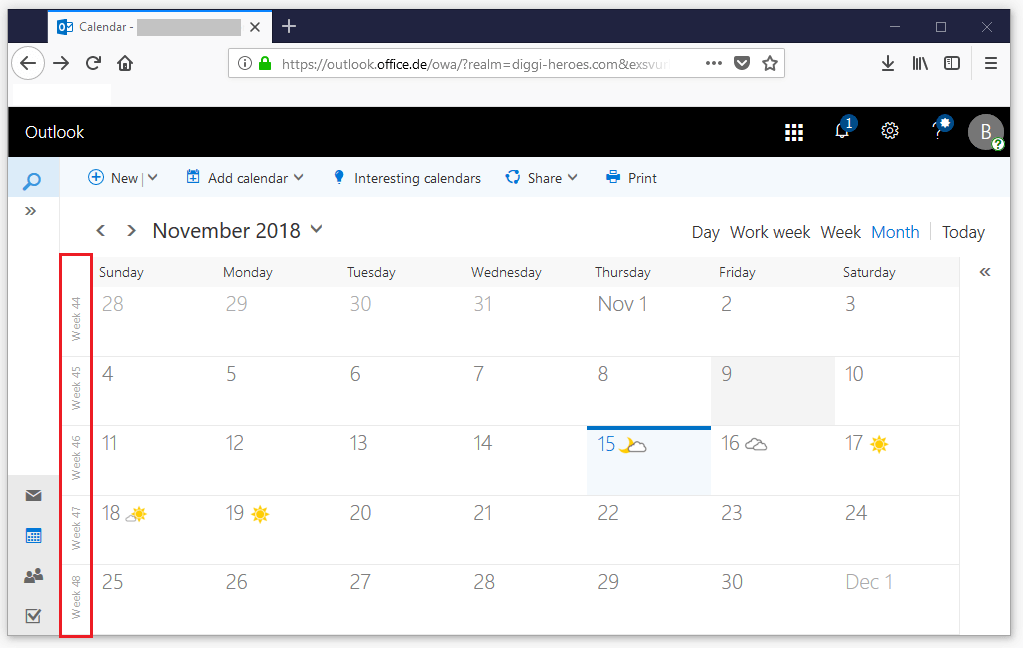 Outlook on the web: calendar view with week numbering