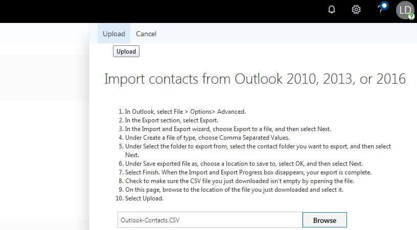 Outlook on the web: upload the CSV file