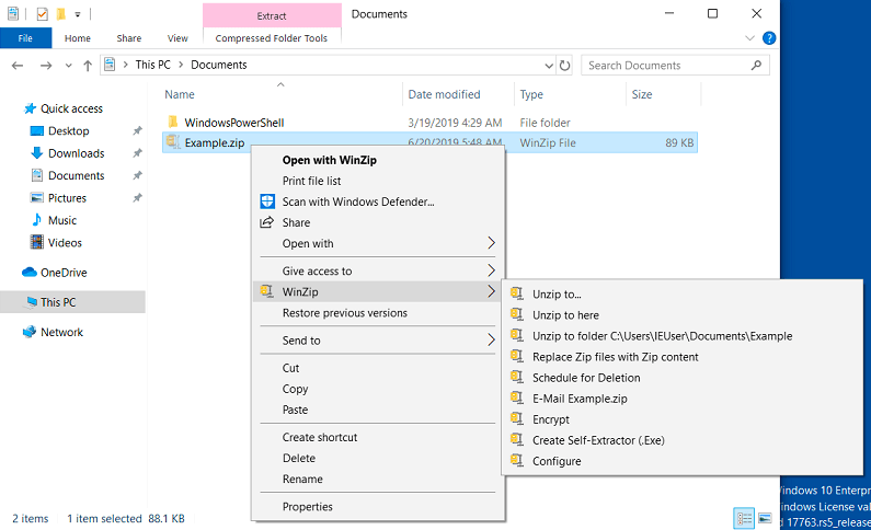 WinZIP integration in the Windows File Explorer shortcut menu