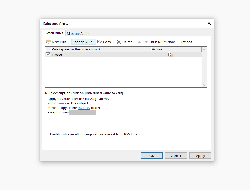 Dialog Box "Rules and Alerts"