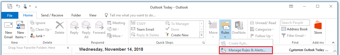 Outlook menu: “Start” tab