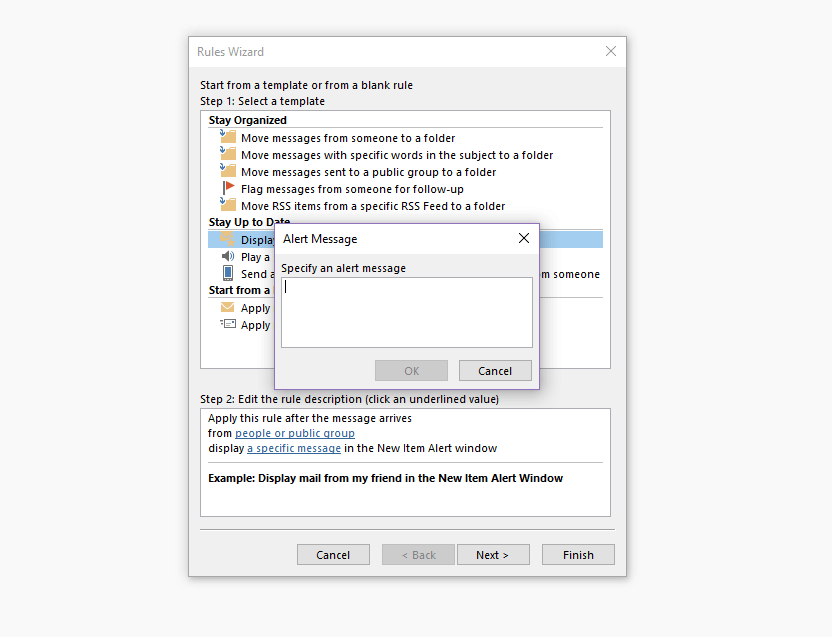 Outlook Rules Wizard: notification text dialog box