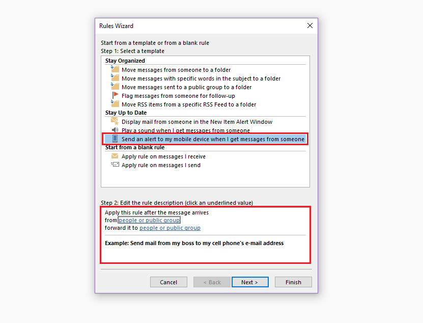 Outlook Rules Wizard: rule template selection