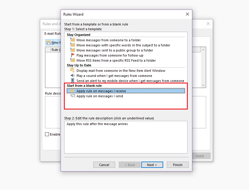 The Outlook Rules Wizard: rule selection