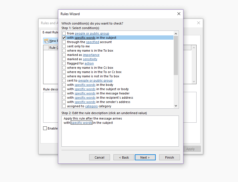 Outlook Rules Wizard: selection of condition