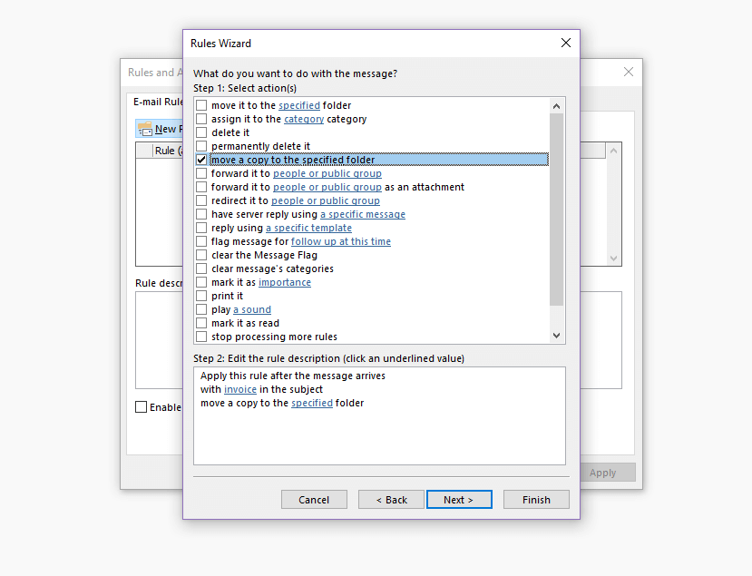 Outlook Rules Wizard: action selection