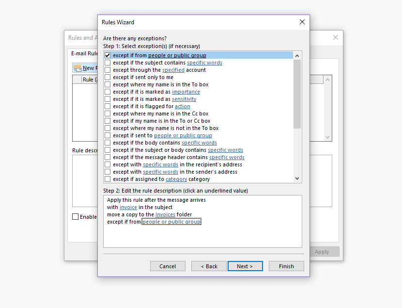 Outlook Rules Wizard: exception condition selection