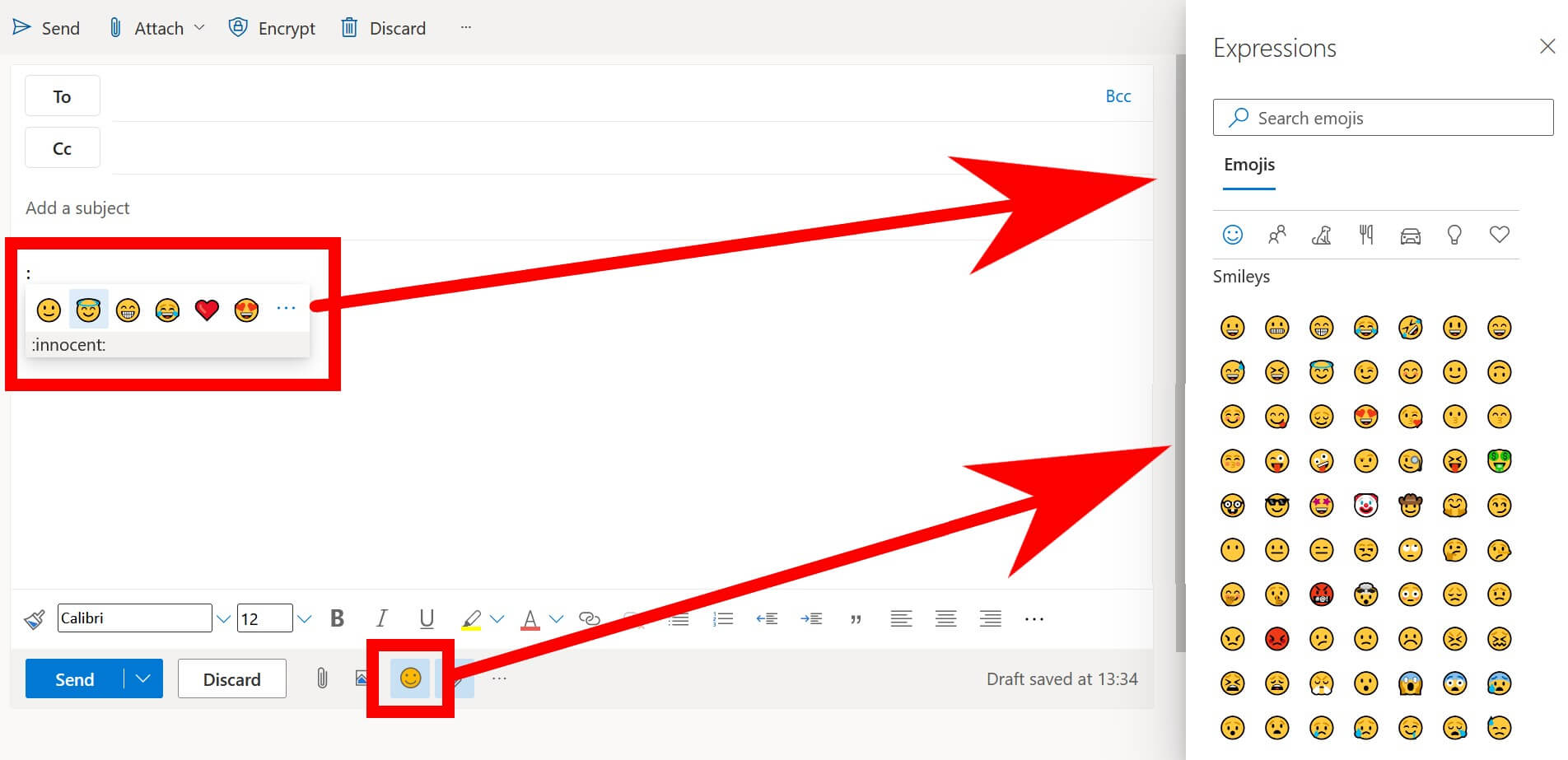 Outlook on the Web: emoji options when composing messages