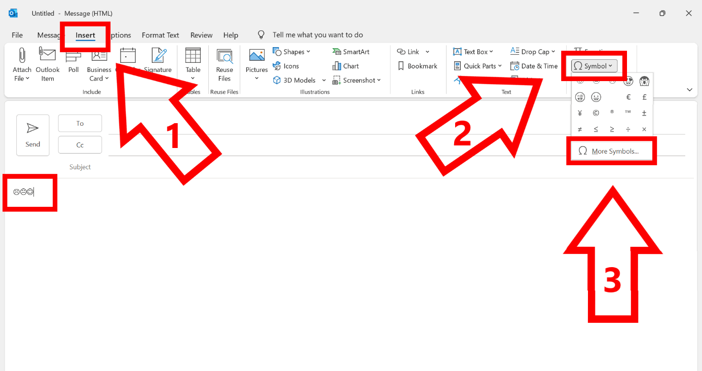 Screenshot of the icon options in the “Insert” menu of Outlook 2021