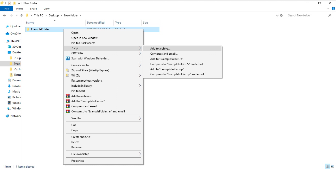 The compression program 7-Zip in the Windows Explorer shortcut menu