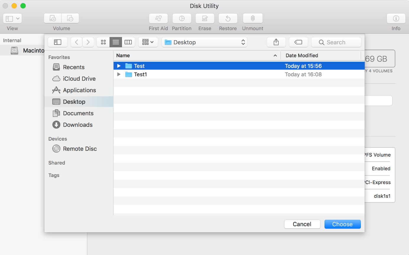 The macOS hard drive service program: Selecting file folder