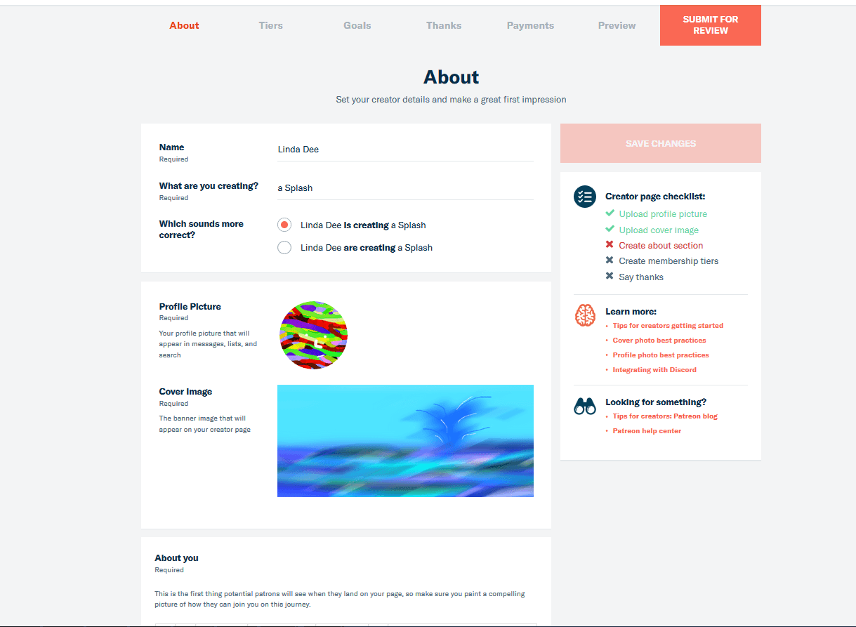 Back-end of the Patreon About page with user name, donation goal and profile picture