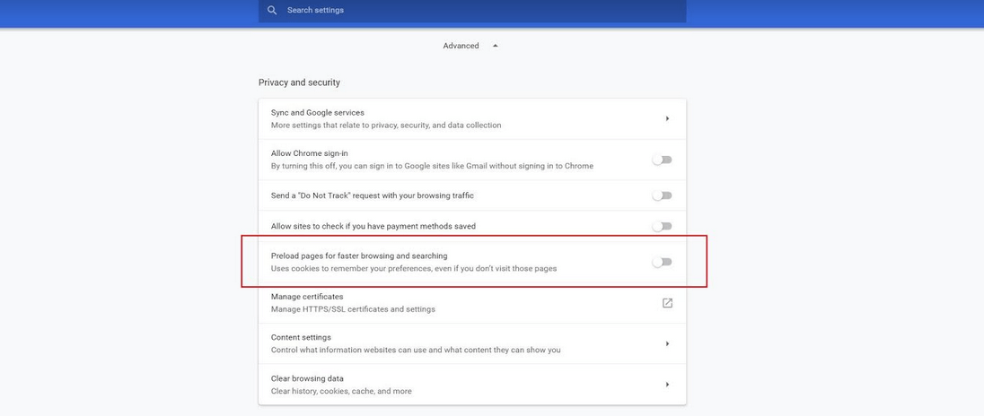 “Privacy and security” menu in Google Chrome