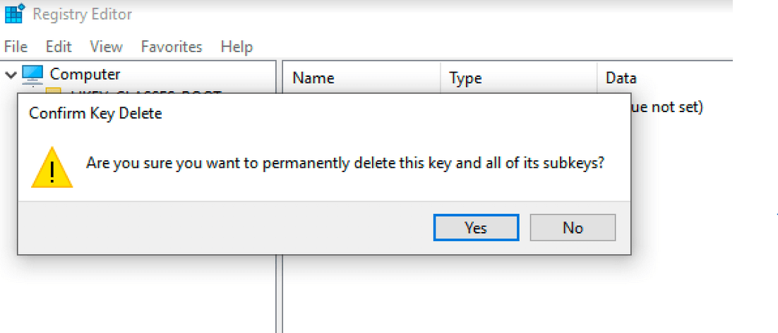 Regedit: “Confirm Delete key” dialog box