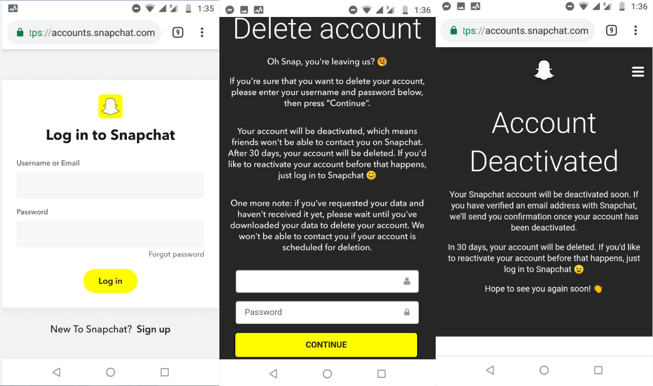 Delete your Snapchat account URL window