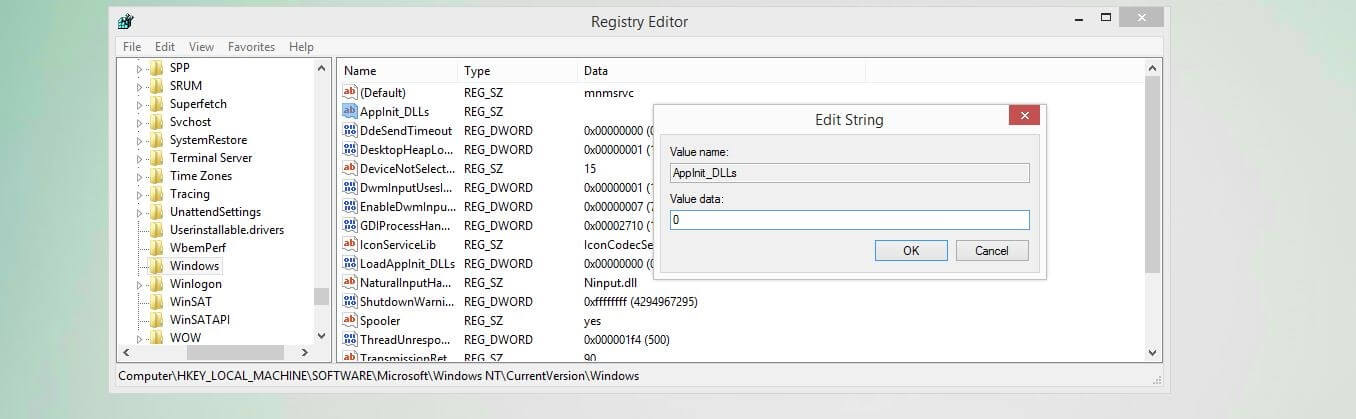 Registry Editor: Value assignment for the entry “AppInit_DLLs”