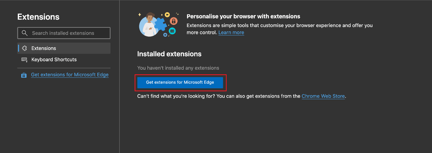 Access the add-ons store by selecting “Get extensions for Microsoft Edge”
