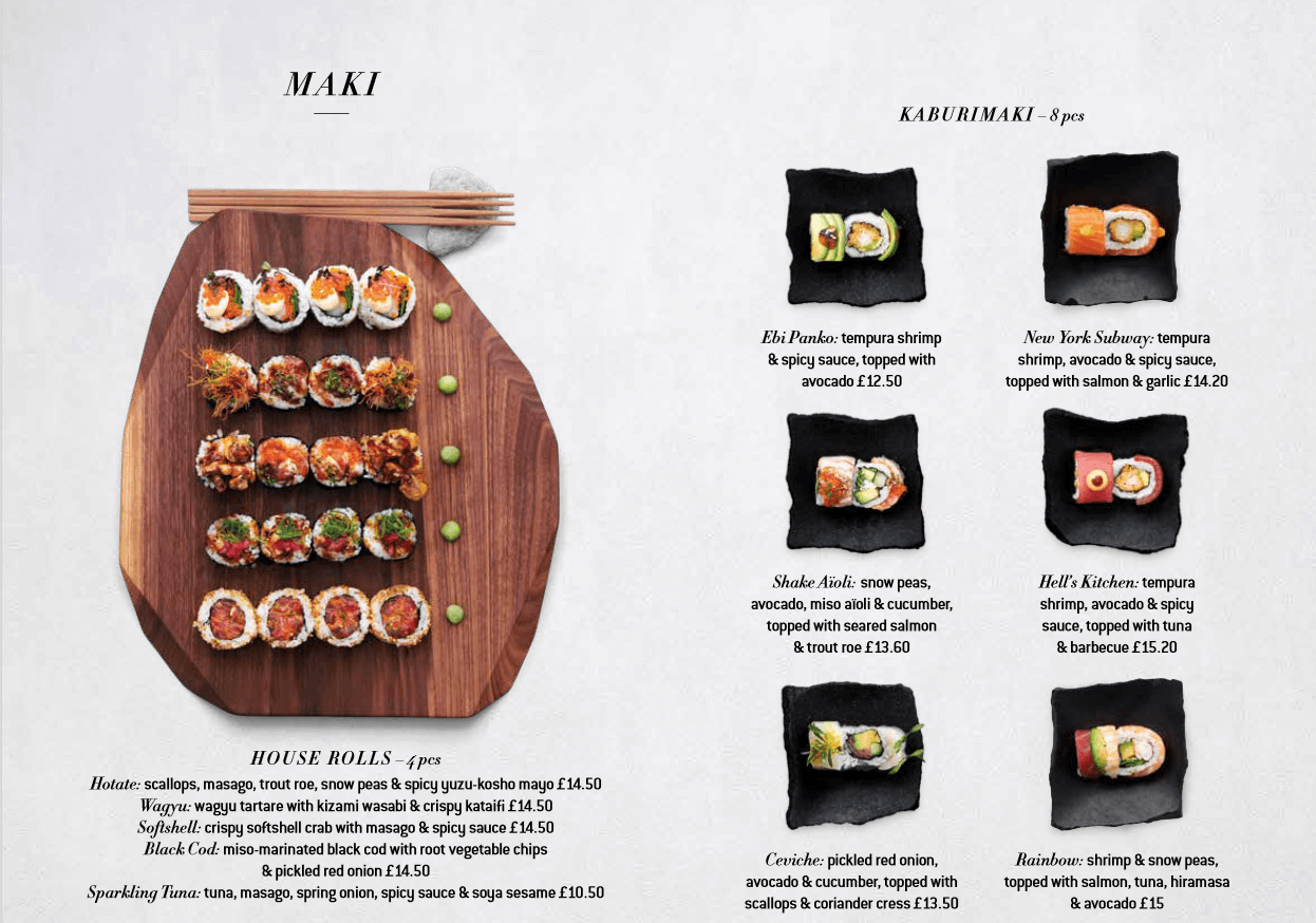 Menu with appealing product photos of Sushi