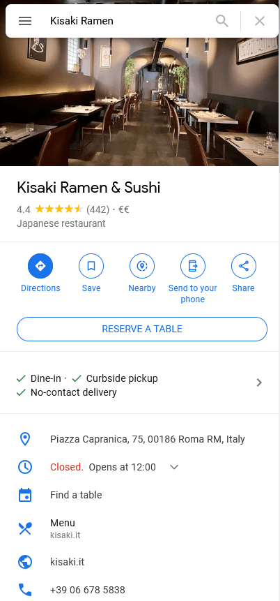 Google MyBusiness company profile of a sushi restaurant