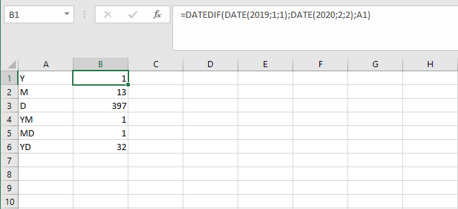DATEDIF function in Excel with various units