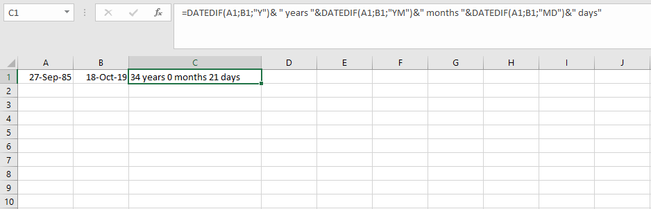 Concatenating multiple DATEDIF functions in Excel