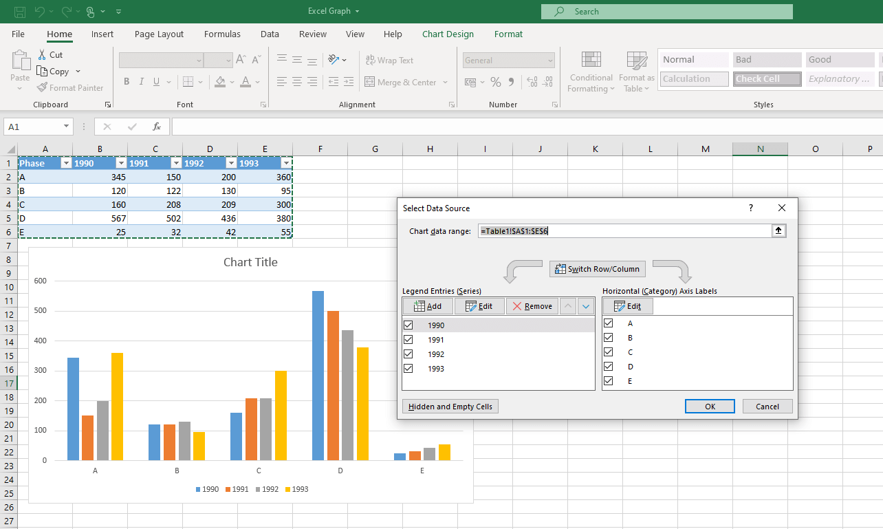 Dialog box for configuring the data range for Excel graphs