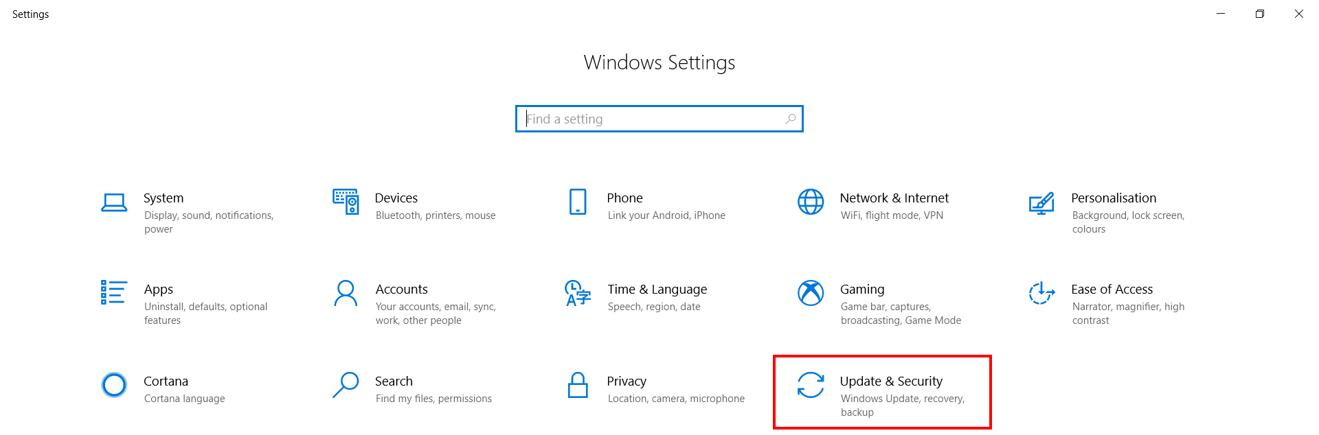“Update & Security” section in Windows Settings