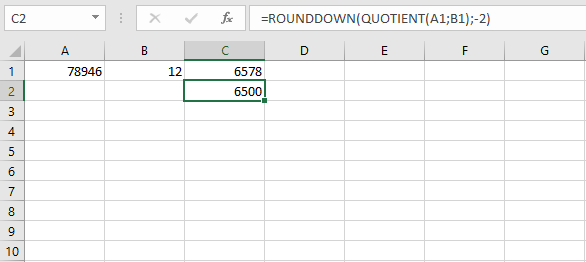 Combination of the ROUNDDOWN and QUOTIENT functions in Excel