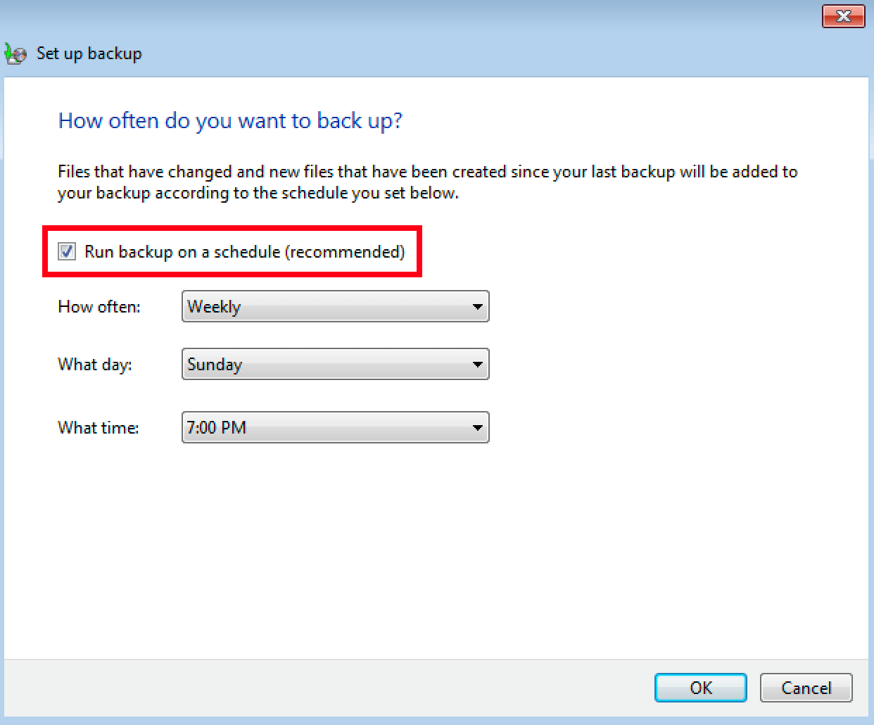 Selection menu for the schedule of regular Windows 7 backups