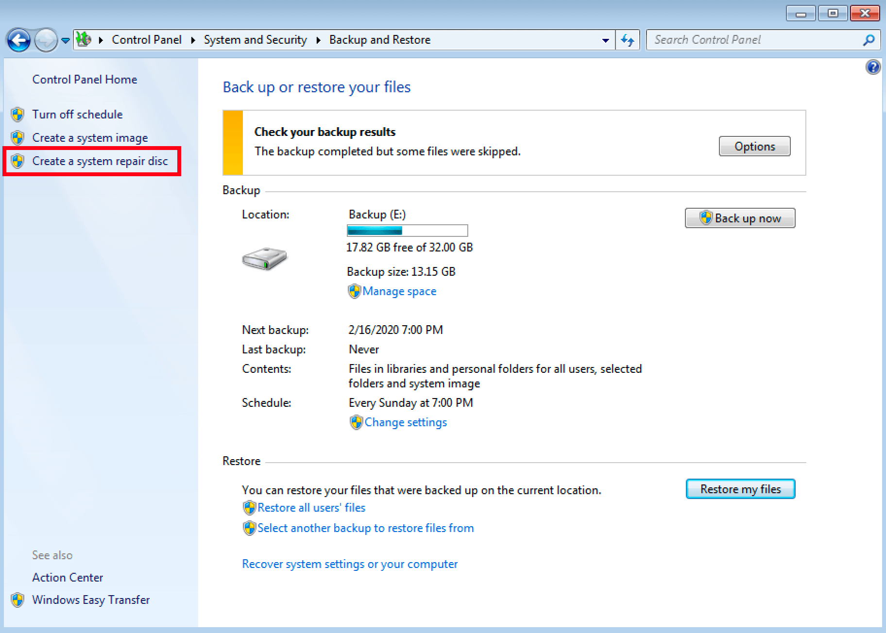 Option for creating a repair disc