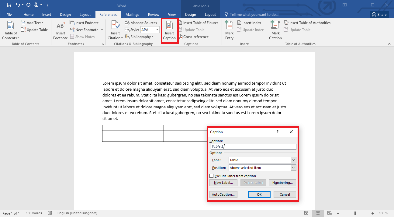 Caption a table in Microsoft Word