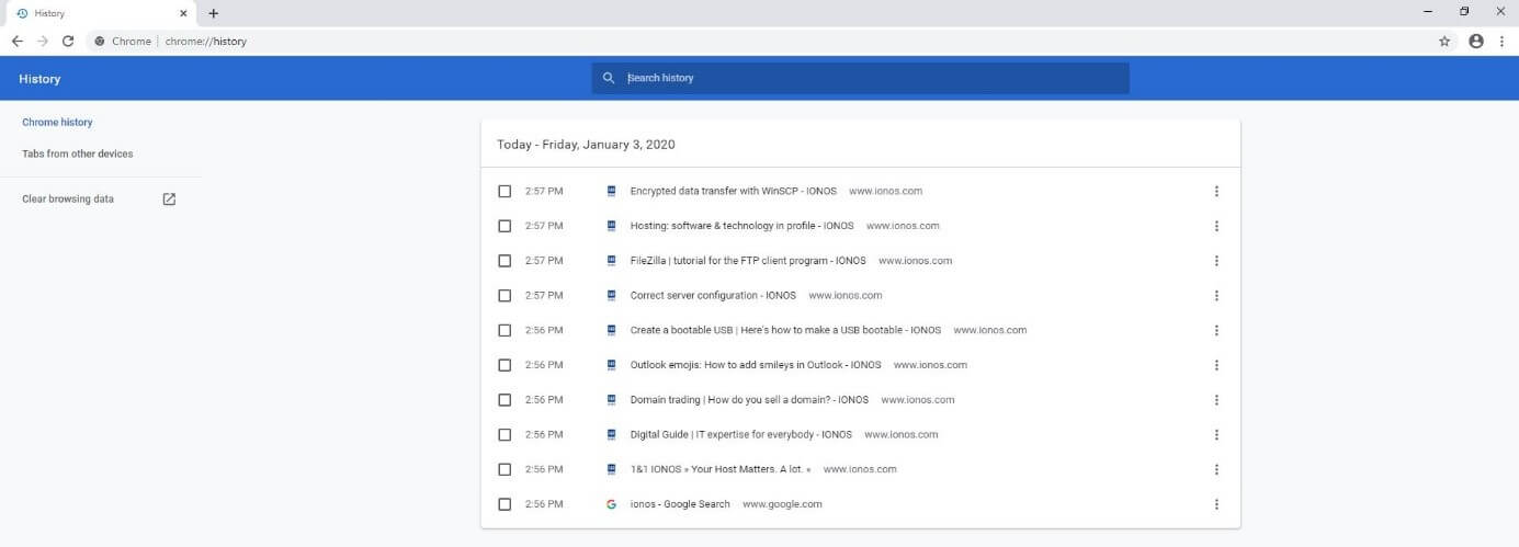 Google Chrome: History for “Today”