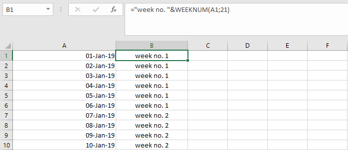 Combining week number with text in Excel