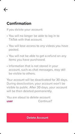 Confirmation box about deleting your TikTok account