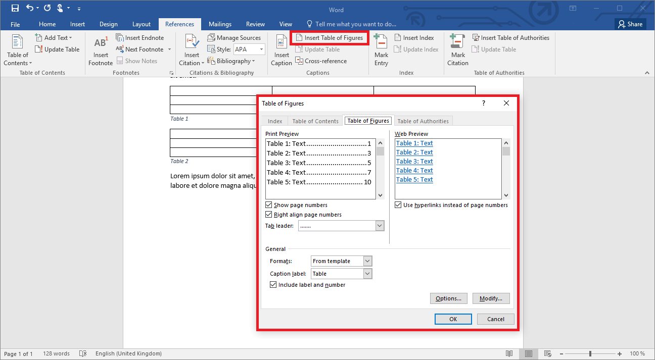 Create a table of figures in Word