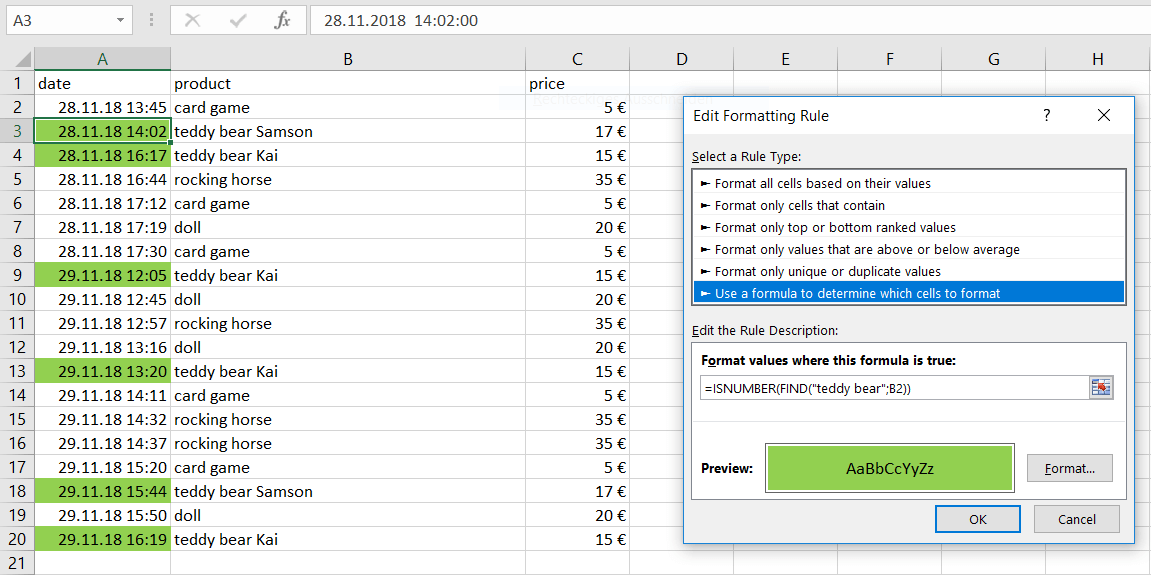 Conditional formatting in Excel with FIND function 