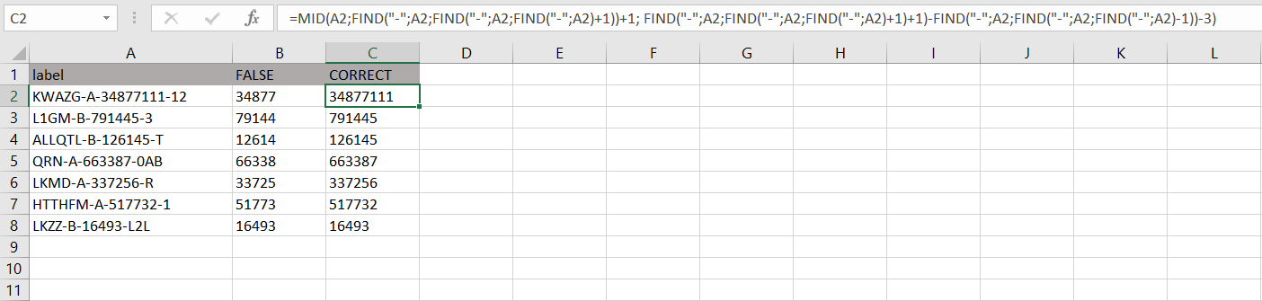 Worksheet in Excel with FIND and MID function